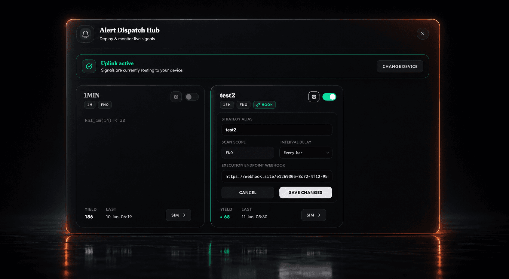 Alert dispatch hub: live strategies routed to a device and a webhook