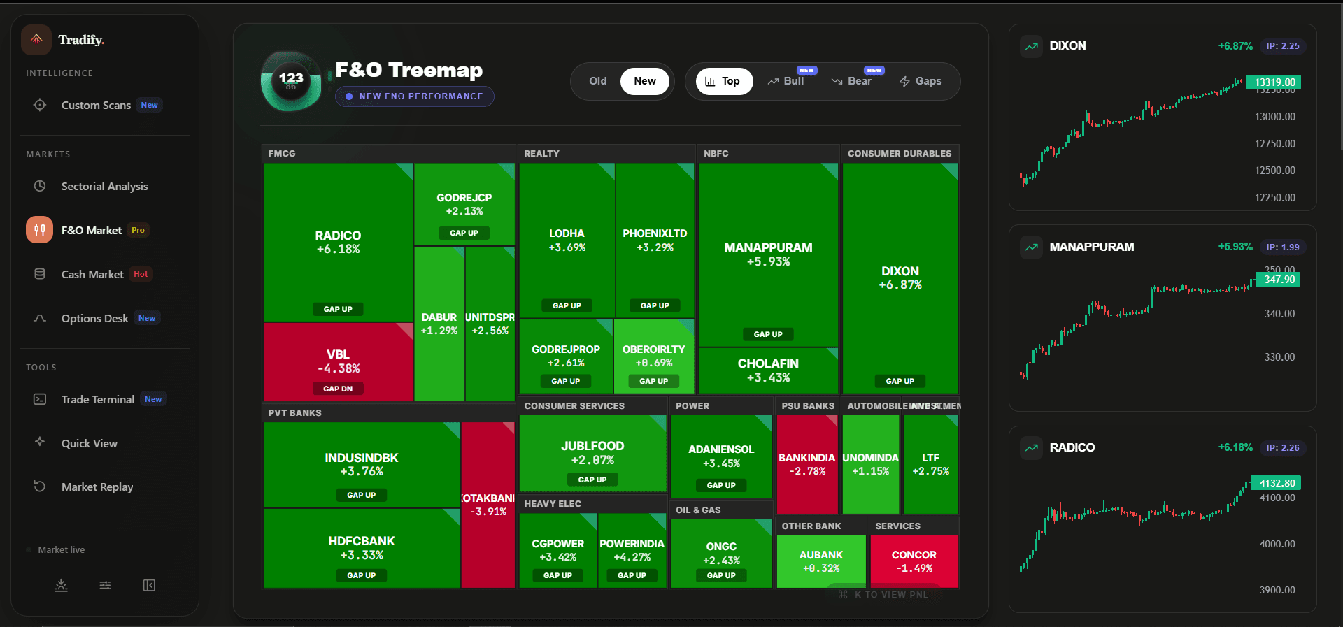 The F&O Matrix: a treemap of F&O stocks grouped by sector, with charts of the top movers